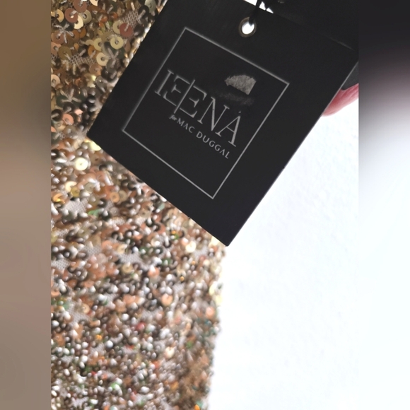 NWT!! IEENA- Mac Duggal,Sequined One Shoulder Bishop Sleeve Trumpet Gown, Gold - Picture 11 of 14